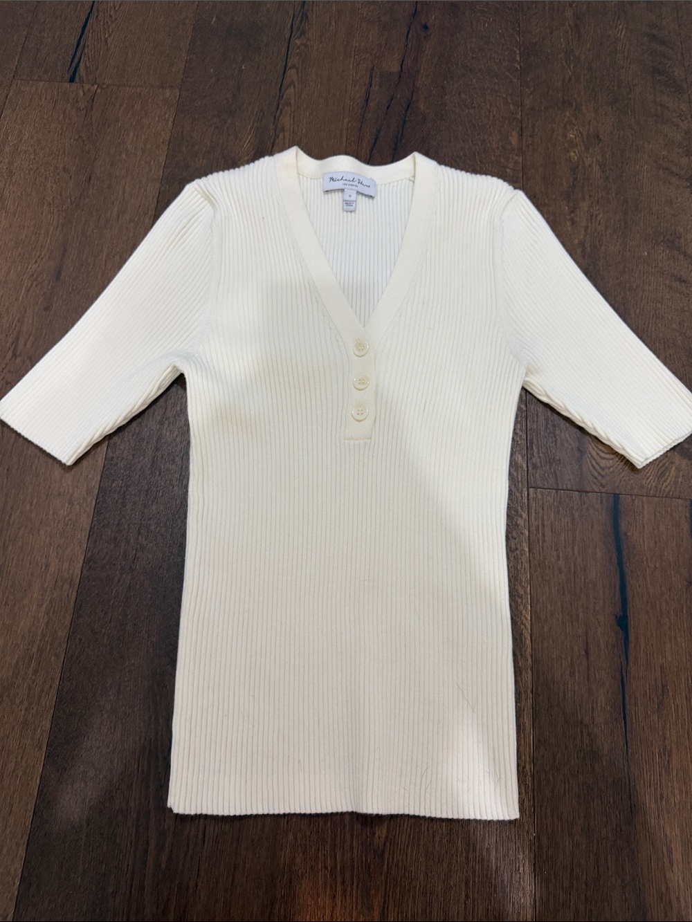 Michael Stars Cream Ribbed V-Neck Kid Top with Button Placket